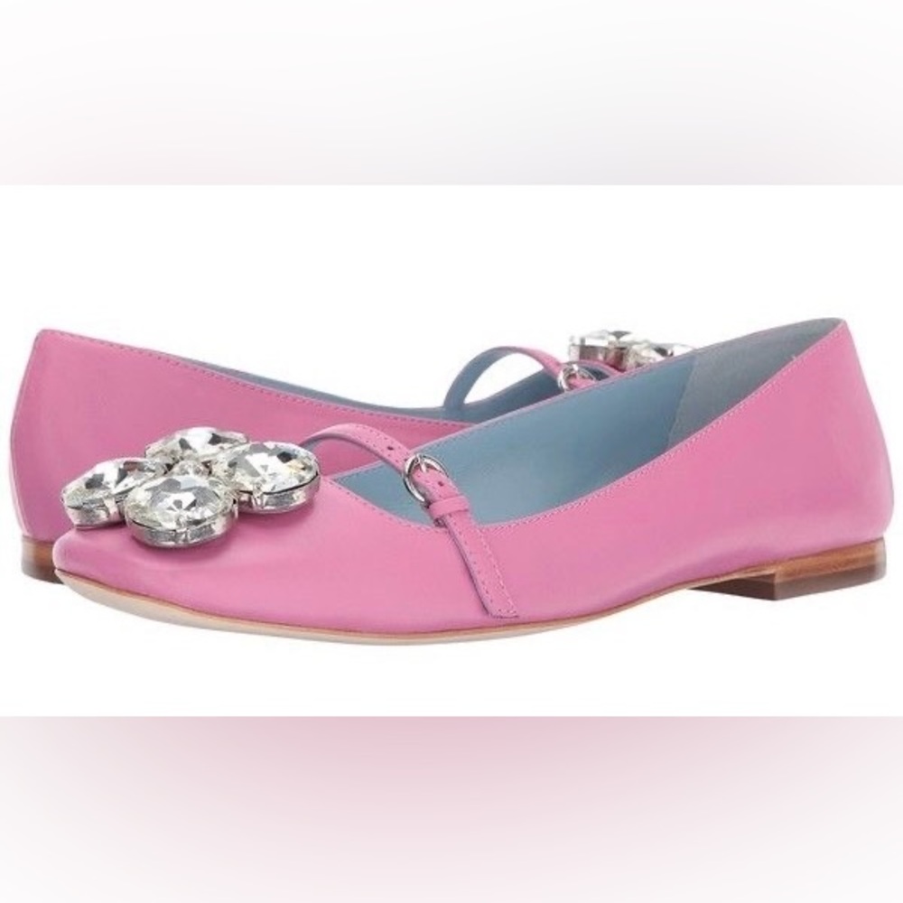 Frances Valentine Pink Josephine Calf Square Toe Ballet Flat Crystal Jewels
